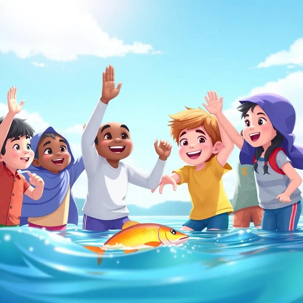 Cheering children, including Sami and his friends at the lake, celebrating after a successful catch, smiling and happy; they exchange high-fives under a bright blue sky, illustration, colorful, festive atmosphere, child-friendly