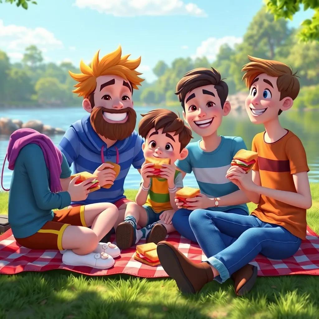 A group of friends, including Sami and his friends, sitting on a picnic blanket, enjoying sandwiches together by the lake, lively scene, cheerful expressions, sunny day ambiance, high quality