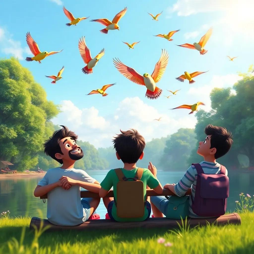 Colorful birds flying above Sami and his friends while they enjoy their break, lush green trees surrounding the lake, creating a serene and harmonious vibe, digital painting, bright, warm colors, delightful atmosphere, high quality
