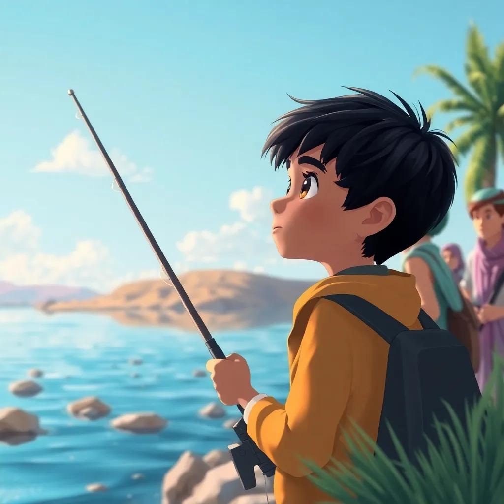 Sami, a young Arab boy with short black hair, choosing a new fishing spot near the lake, surrounded by his friends curious about the water, imagination and adventure in the air, illustration, inviting colors, engaging perspective, high quality
