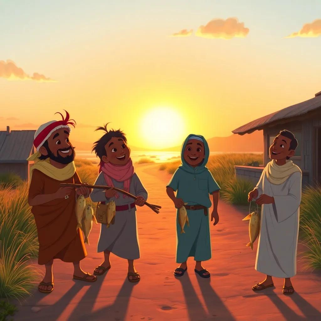 A joyful scene of Sami and his friends returning home with their catches, laughing and talking, as the sun sets behind them, casting a warm orange glow, illustration, friendly atmosphere, rich colors, high quality