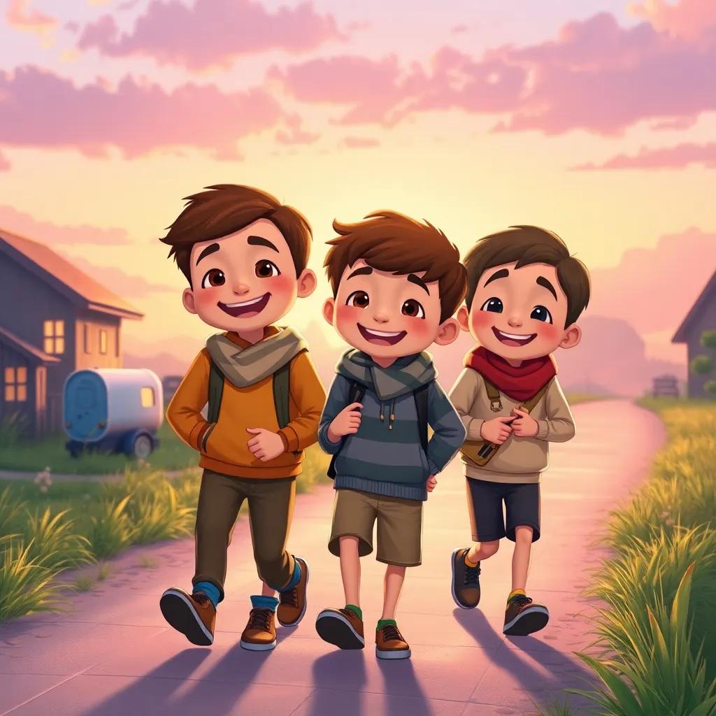 Sami and his friends sharing memories of their fishing trip with big smiles while walking back home, happy expressions, bonding moments, illustration, warm evening light, vivid colors, child-friendly, high quality