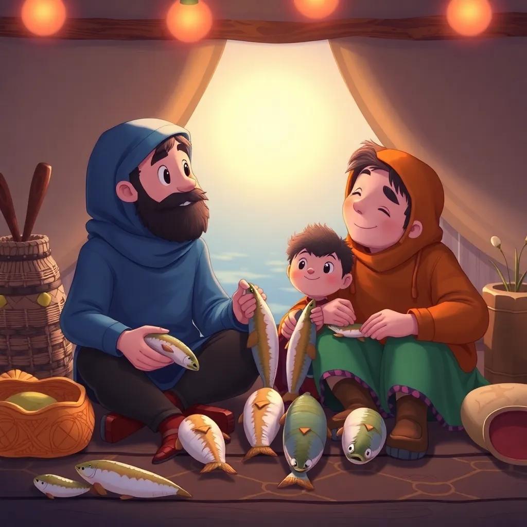 A heartwarming image of Sami and his friends reflecting on their day, sitting together with their catches, living the moment, cozy and delightful atmosphere, illustration, cheerful colors, close perspective, high quality