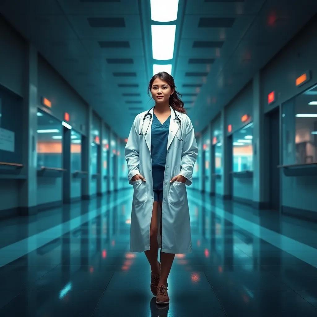 A young female doctor in a white coat, walking through a futuristic hospital at night, neon lights reflecting on the floor, detailed digital art, soft lighting, emotional atmosphere, high quality