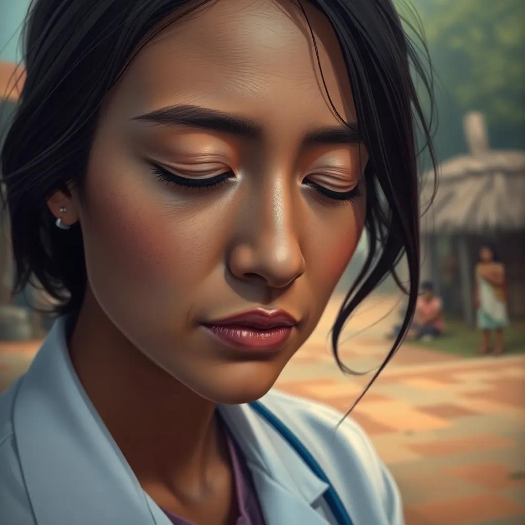 The doctor closes her eyes, remembering a sick child in a remote village, with a blurred background of a village scene and soft colors, art illustration, reflective