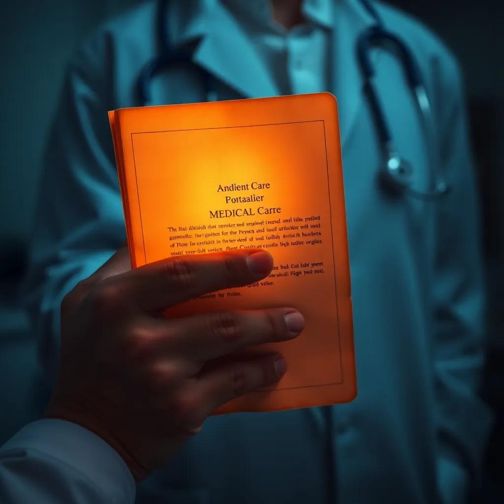 A glowing old medical file in the doctor's hand, highlighting urgent care and compassion, glowing colors, focused view, digital art