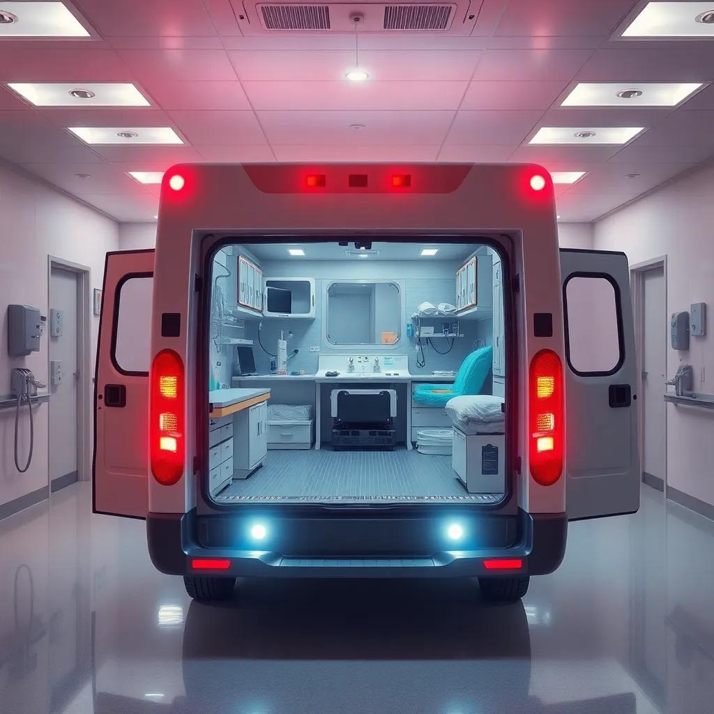 The mobile medical unit glowing softly in the hospital, ready to travel, filled with medical supplies, bright colors, inviting appearance, high-quality