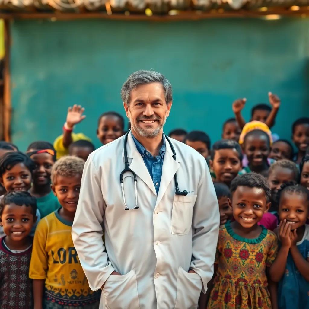 The doctor standing in front of excited children in the remote village, all smiling and hopeful, colorful scene, warmth and joy, uplifting quality