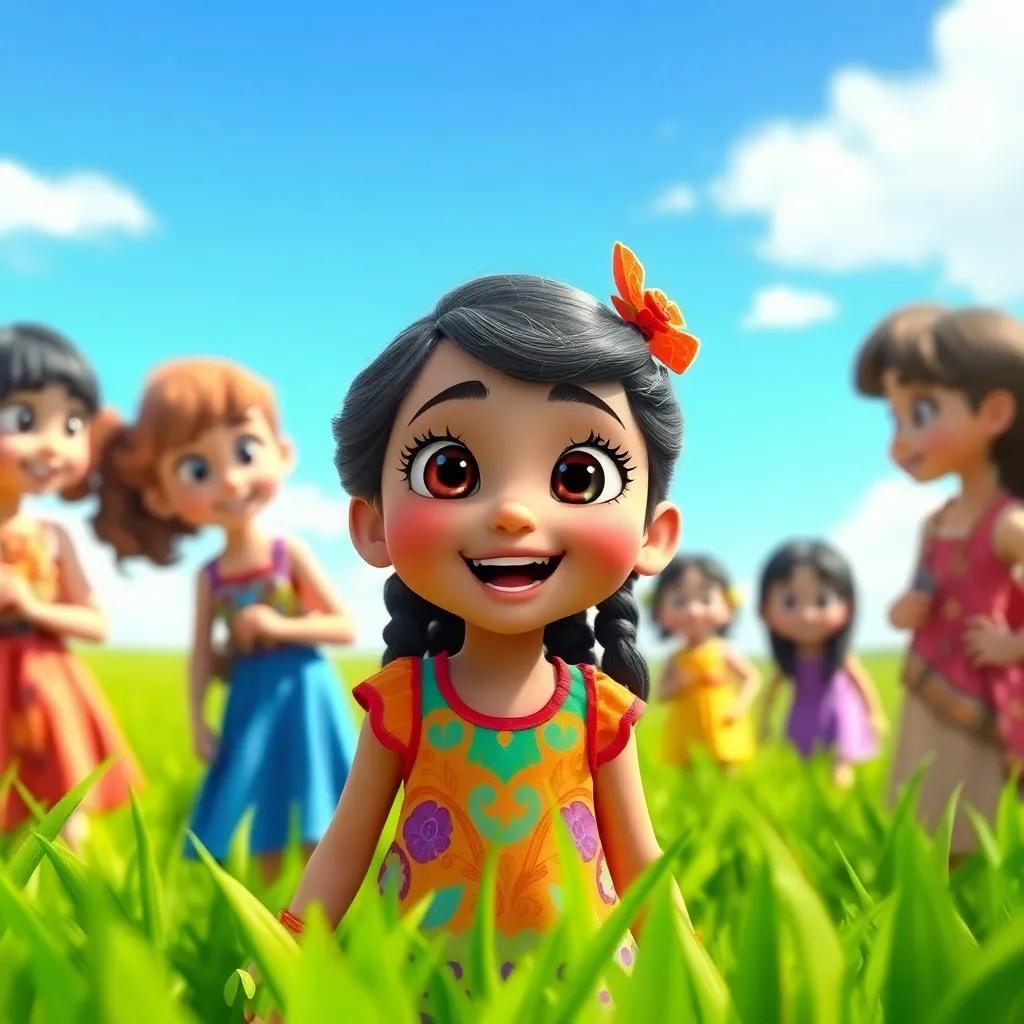 A young girl, Selil, with bright eyes and wearing a colorful dress, excitedly talking to her friends under a bright blue sky in a green field, vibrant colors, cheerful atmosphere, high quality