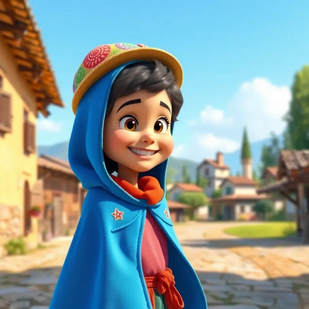 A young girl, Selil, wearing a blue cape and a colorful hat, walking through her village with a big smile, sunny day, picturesque houses and trees in the background, lively colors, childhood joy, high quality