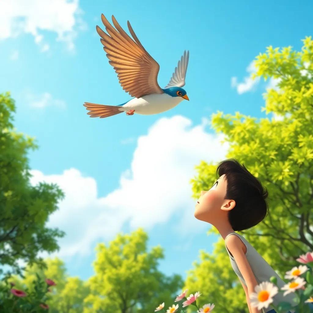 A beautiful bird flying in the sky, with Selil looking up in awe, surrounded by green trees and flowers below, bright colors, nature's beauty, engaging perspective, high quality