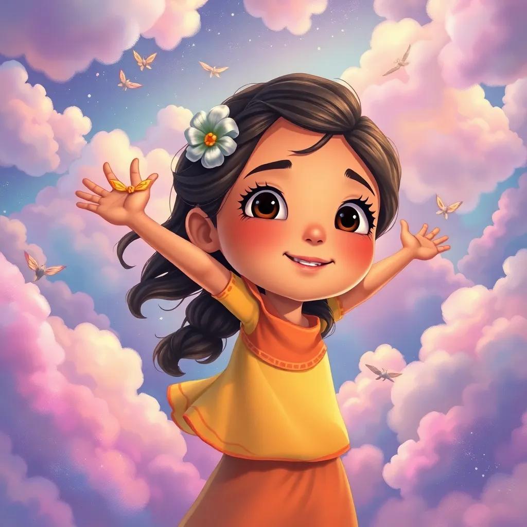 A young girl, Selil, with her imagination taking flight, surrounded by clouds of colorful dreams, whimsical illustrations, vivid colors, dreamlike quality, high quality