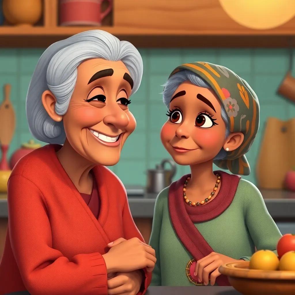 A wise grandmother with a warm smile, speaking to Selil, who is looking curious and hopeful, a cozy kitchen background filled with love, cozy colors, warmth, high quality