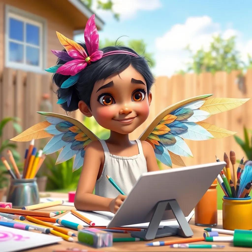 A young girl, Selil, with paper wings and colorful feathers, working diligently in her backyard, surrounded by art supplies, cheerful colors, creativity at its best, high quality