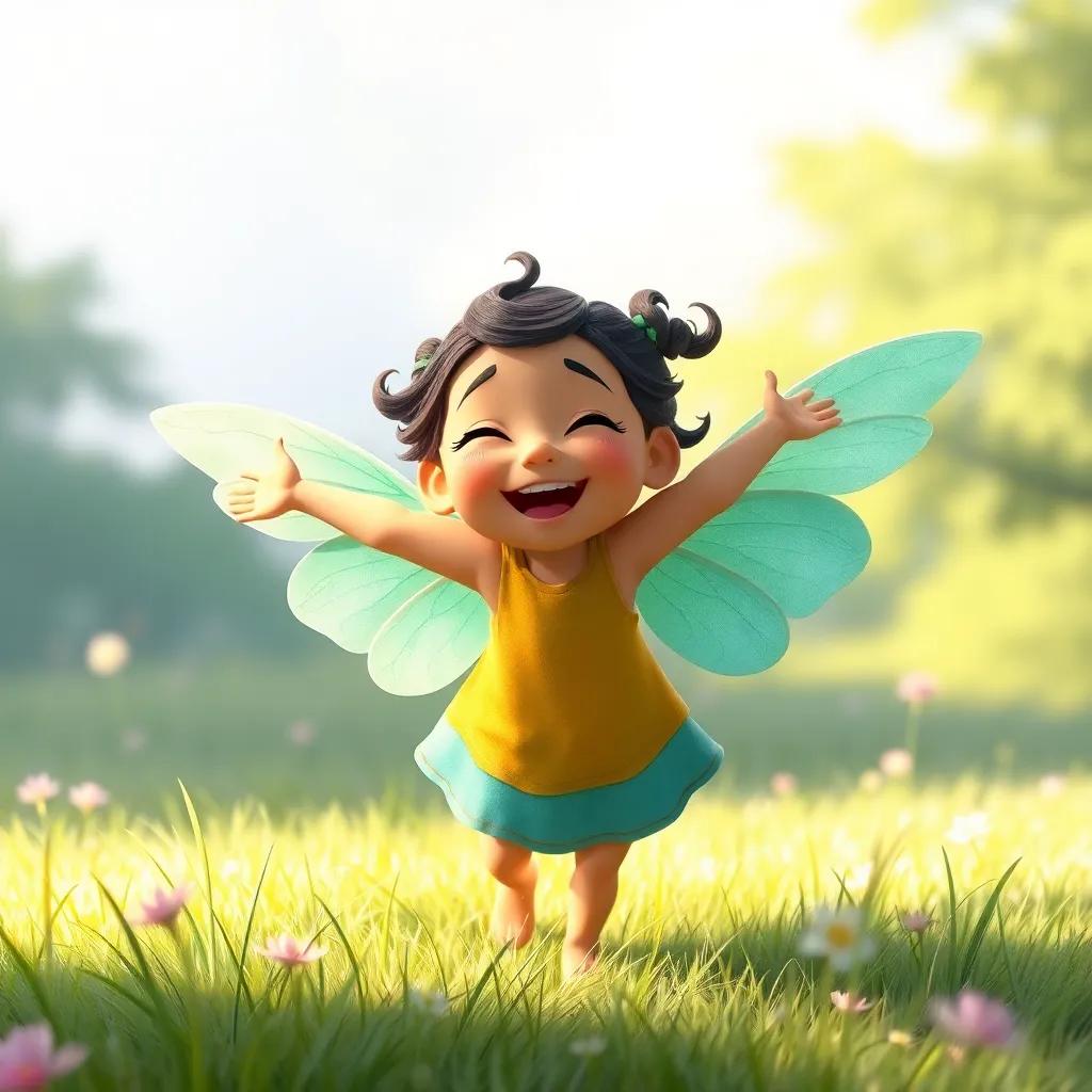 A joyful scene of Selil wearing her handmade wings and giggling while she tries to take flight, with soft grass under her, playful colors, laughter, high quality