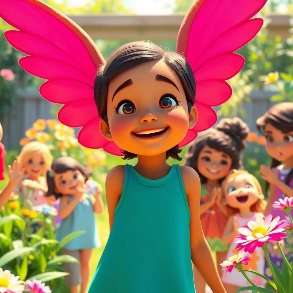 A young girl, Selil, happily trying her wings once more, surrounded by friends cheering her on in a sunny garden, vibrant atmosphere, support and friendship, high quality