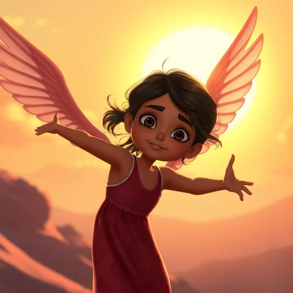 A young girl, Selil, showing determination as she tries again to fly, with a bright sun setting in the background, heartwarming colors, perseverance, high quality