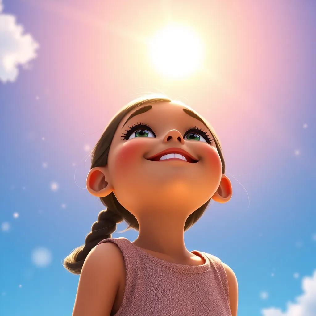 A joyful young girl, Selil, looking up at the sky with sparkling eyes, filled with dreams of flying, the sun shining brightly, uplifting colors, hope and dreams, high quality