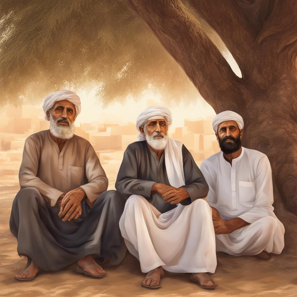 An old Emirati man with a white beard and bright eyes wearing a traditional ghutrah and agal, sitting under a big tree surrounded by family, digital art, warm colors, inviting atmosphere, high quality