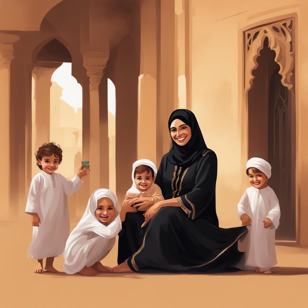 An Emirati mother wearing a black abaya with a smile, sitting with her children nearby, inviting and cheerful scene, digital art, warm colors, friendly