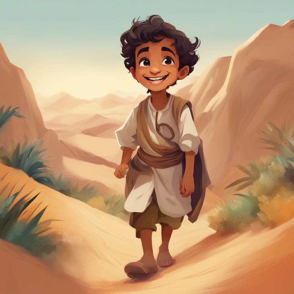 A young Emirati boy named Saleh, on an adventure with a big smile, wearing a traditional kandora, exploring nature, colorful, playful, child-friendly, illustration, high quality