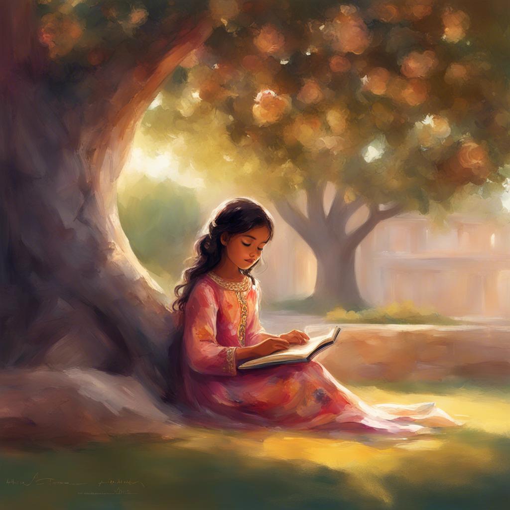 An Emirati girl named Aisha, reading a book under a tree, with a dreamy look on her face, wearing a colorful dress, child-inspiring atmosphere, warm light, artistic depiction, high quality