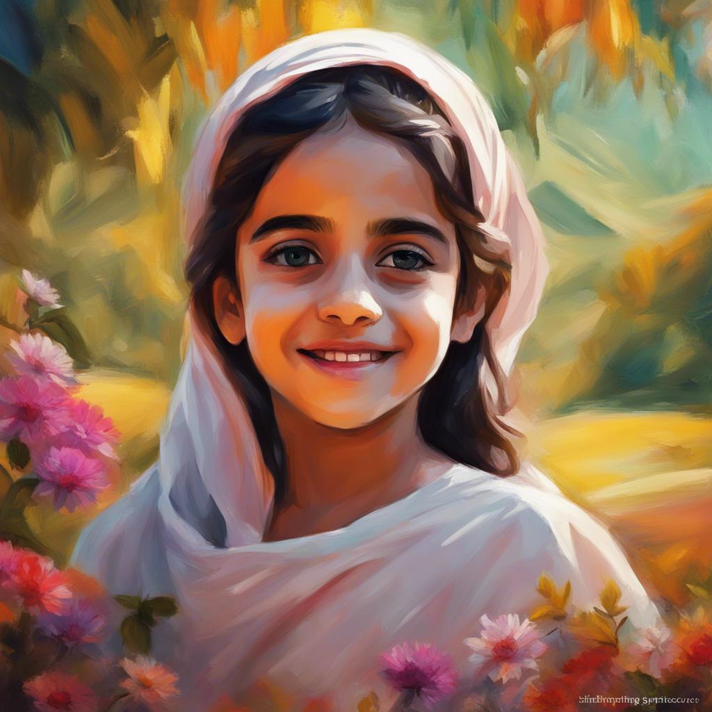 A young Emirati girl named Faten, painting on a canvas with bright colors, surrounded by nature, full of life and magic, child-friendly, cheerful, fun