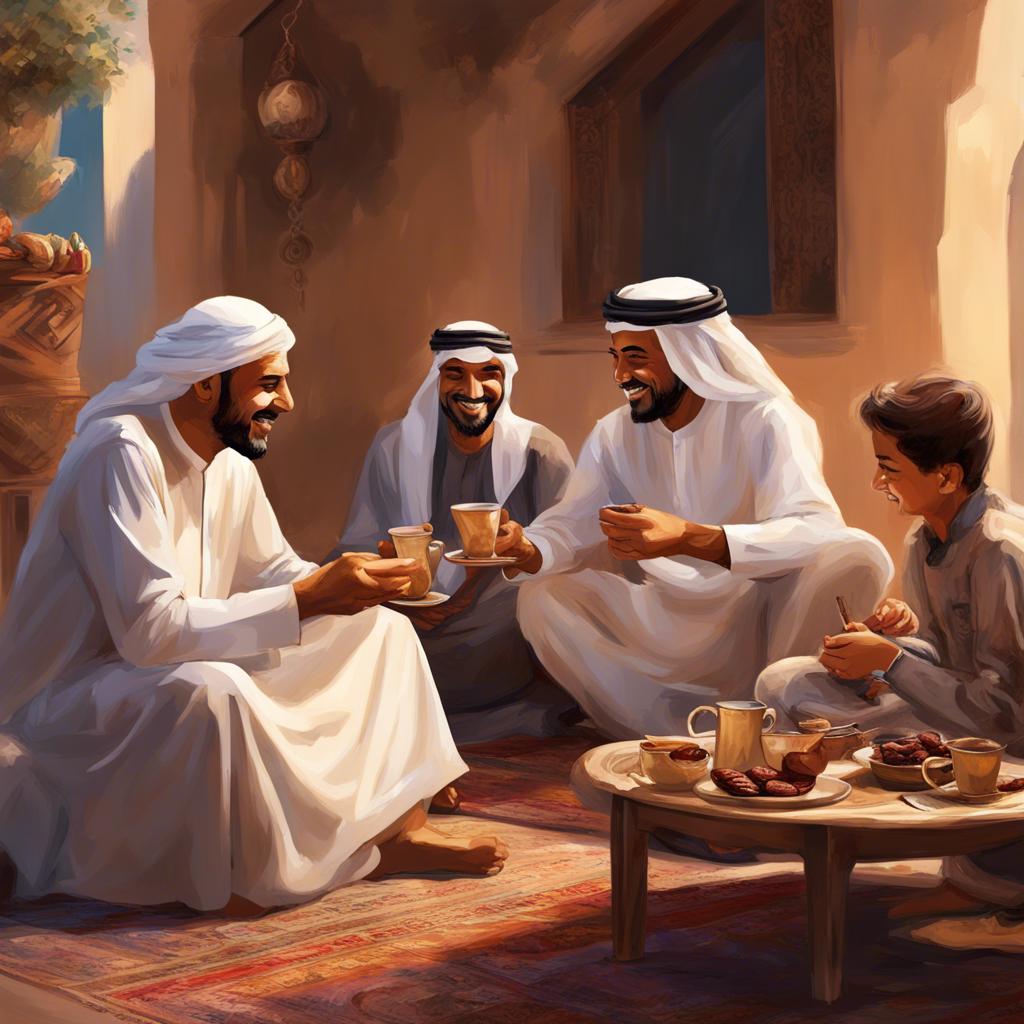 An Emirati family enjoying tea and dates, gathered around the grandfather telling stories, warm and inviting atmosphere, joyful expressions, colorful, digital art, high quality