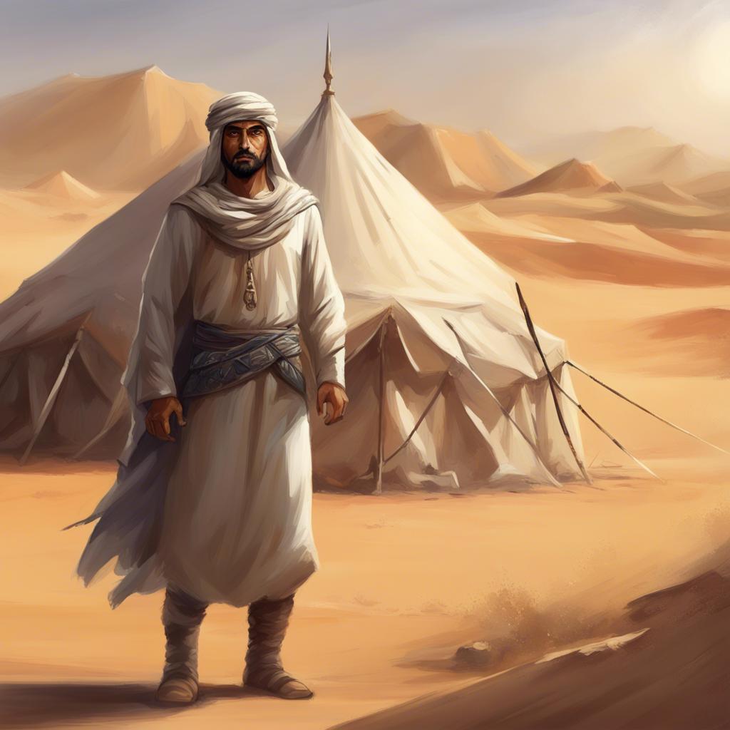 A brave hero from an Emirati story in the desert with a large tent, overcoming big challenges, heroic feel, adventure-themed, digital art, high quality