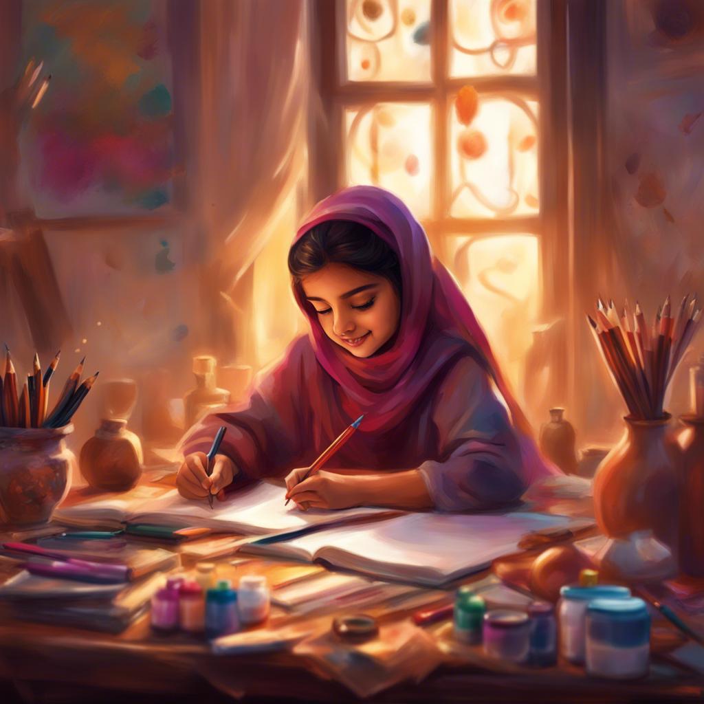 An Emirati girl named Aisha writing excitedly in her notebook, with her art supplies around her, dreamy looks, warm atmosphere, vibrant colors, child-friendly, high quality