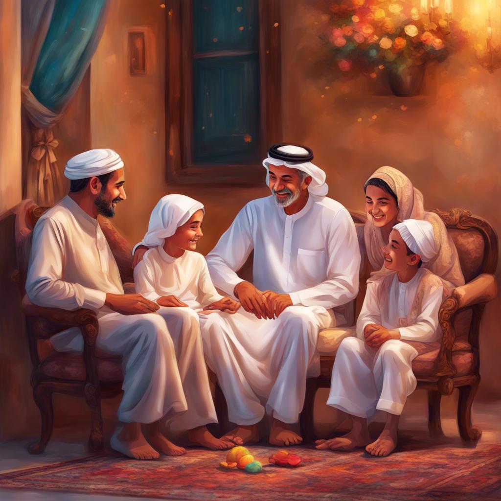 An Emirati family feeling love and happiness together, sitting around the grandfather, colorful scene, enchanting atmosphere, warm light, digital art, high quality