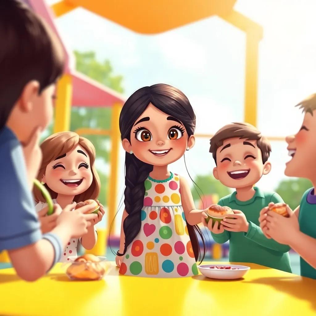 A young Arab girl, الفاتحة, with long, dark hair wearing a colorful dress, surrounded by friends in the playground sharing their food with her, joyful smiles and laughter, bright sunlight, colorful playground equipment, uplifting moment, illustration, child-friendly