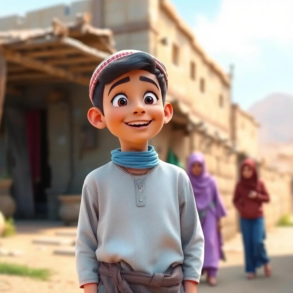 A young Arab boy, Sami, standing in a small village, wearing simple clothes, looking excited while talking to his friends, digital art, bright colors, lively atmosphere, high quality