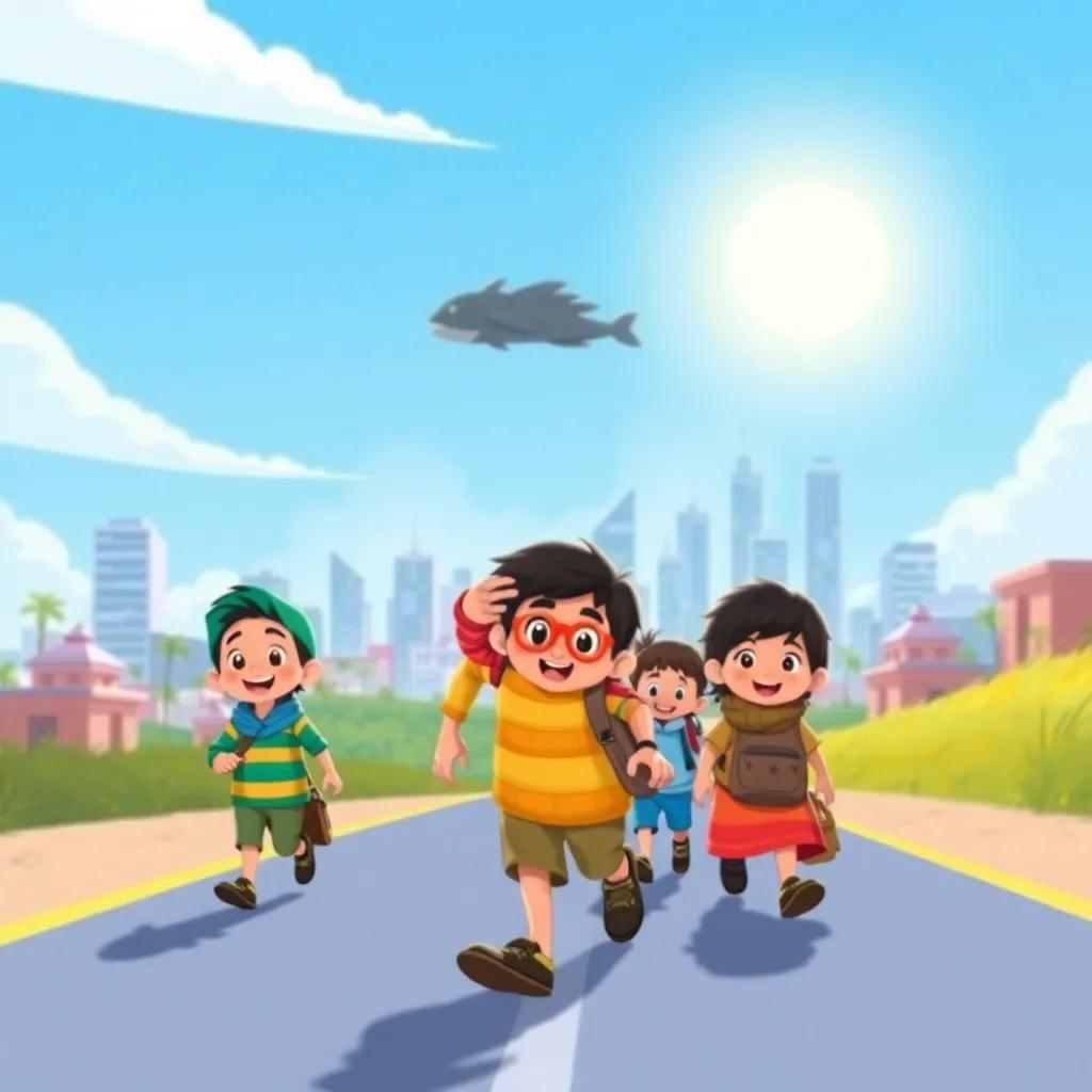 Sami and his friends walking towards the city, under a blue sky and bright sun, a sense of adventure around them, illustration, cheerful, dynamic view, child-friendly
