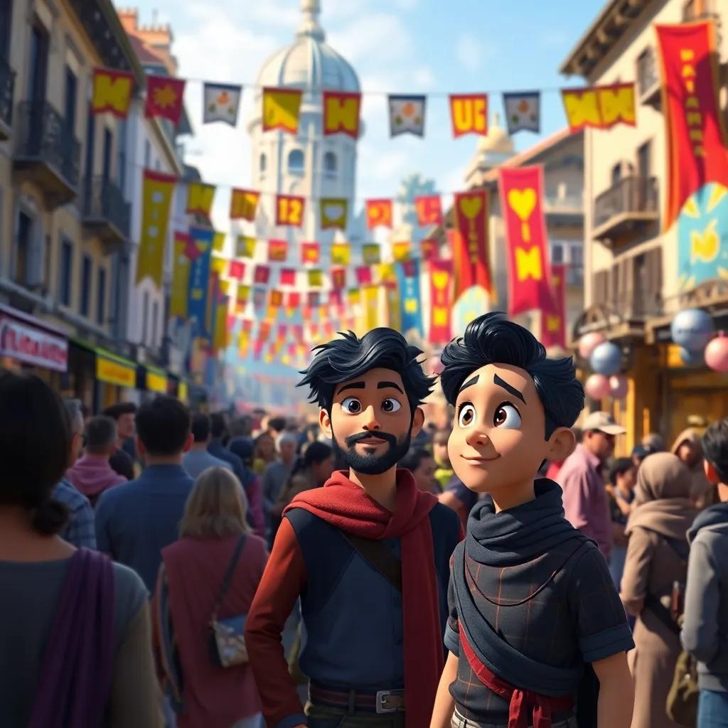 A bustling city square filled with people talking about the magician, colorful banners in the background, Sami looking intrigued, vibrant colors, realistic, engaging perspective