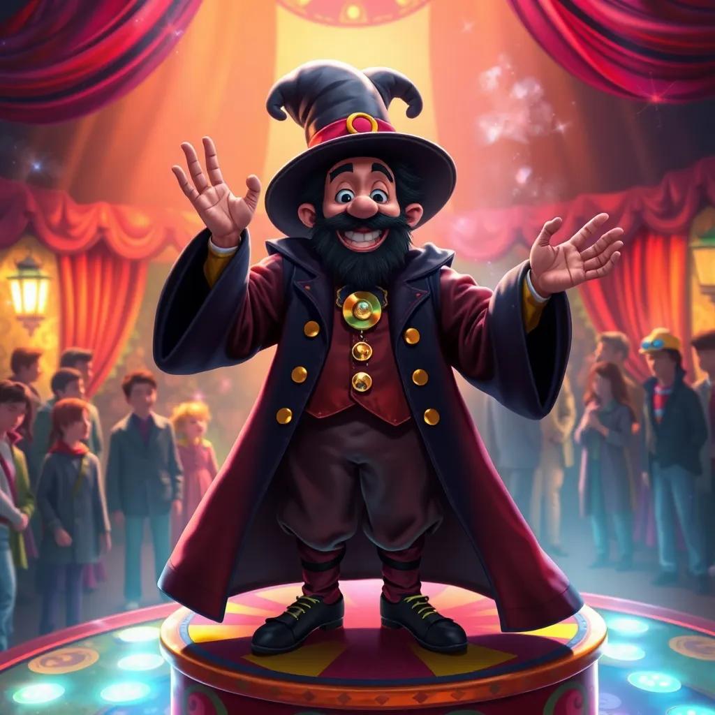 A mysterious magician on a colorful platform, wearing vibrant clothes and a wide smile, surrounded by curious people, magical atmosphere, digital painting, captivating, atmospheric light