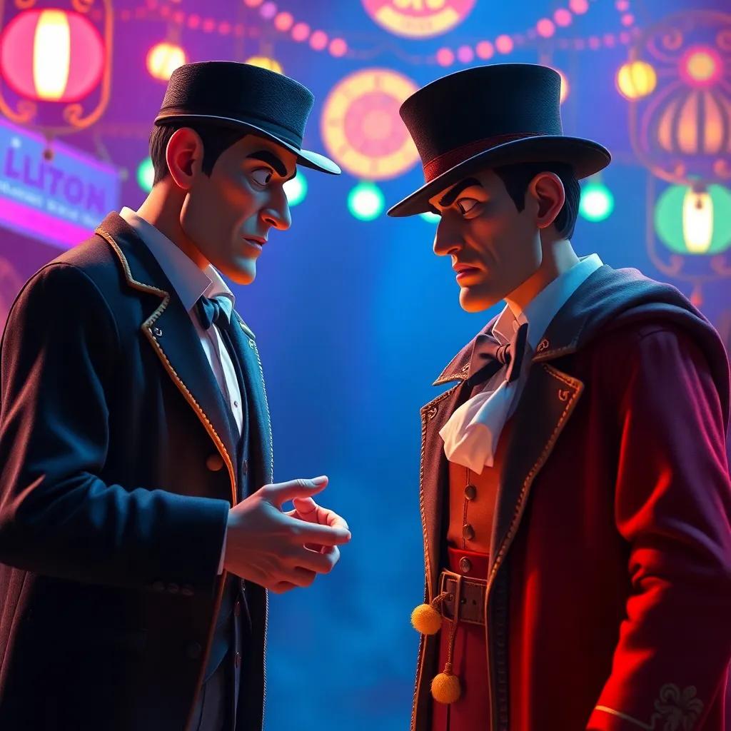 Sami talking to a suspicious-looking magician, both standing amidst colorful lights, a sense of tension in the air, high quality, sharp focus, dramatic scene