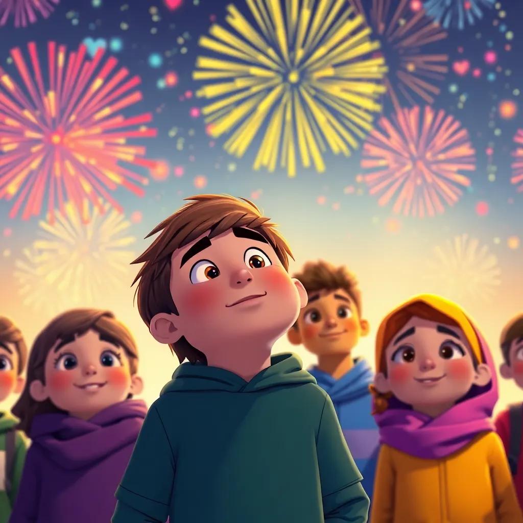 A friendship moment, Sami looking thoughtful with his friends beside him, colorful fireworks in the sky representing hope, heartwarming, rich colors, uplifting imagery