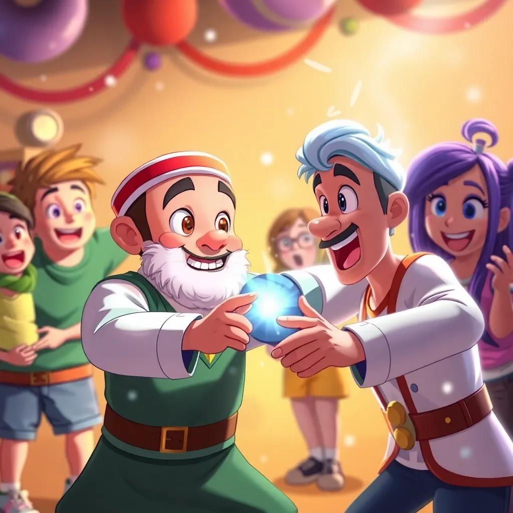 Sami challenging the magician, a lively atmosphere with vivid expressions, friends in the background looking excited, dynamic scene, joyful, high energy