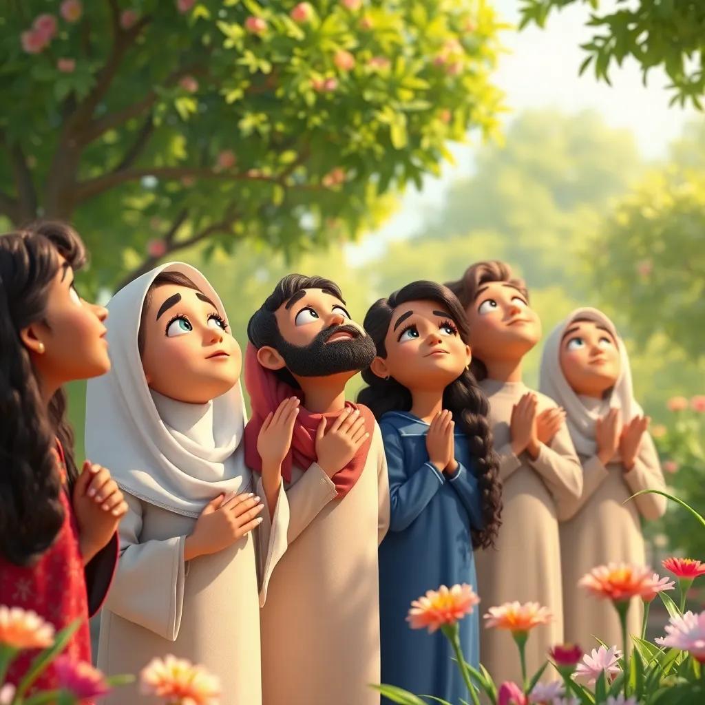 Sami's group praying in a beautiful garden, longing expressions looking up at the sky, a sense of unity and hope, digital art, serene colors, peaceful environment