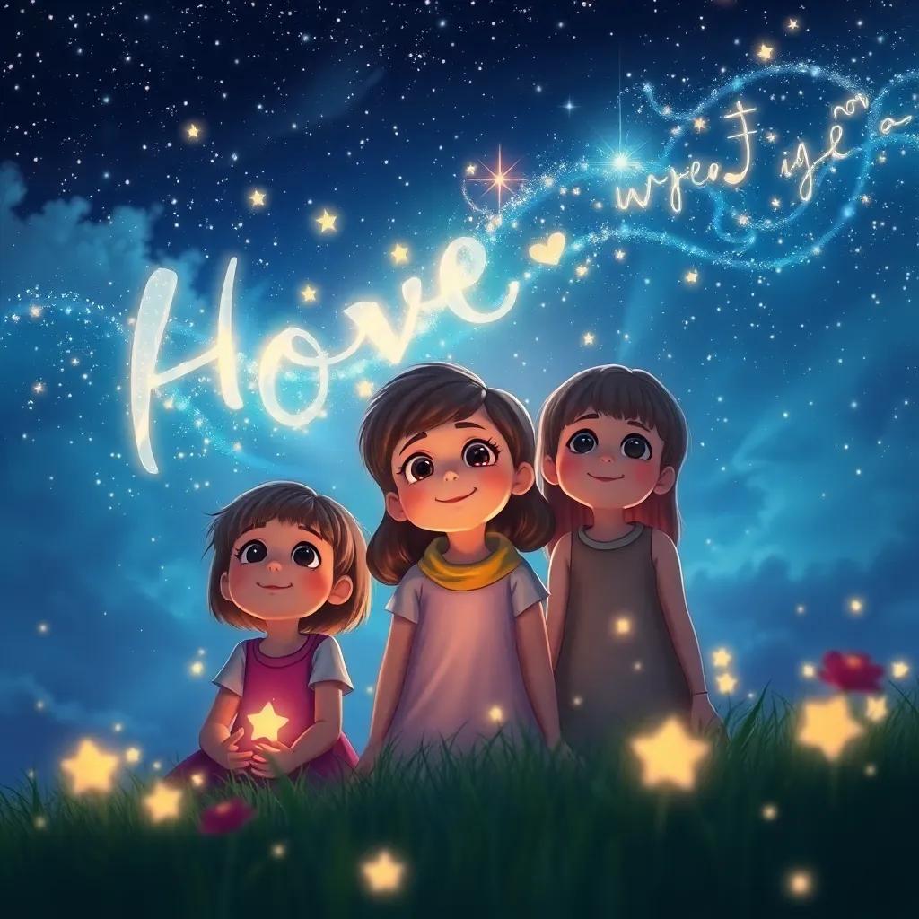 A beautiful night scene where wishes are shining in the sky, children's glowing faces reflecting hope, mystical atmosphere, dreamlike artistry, enchanting colors