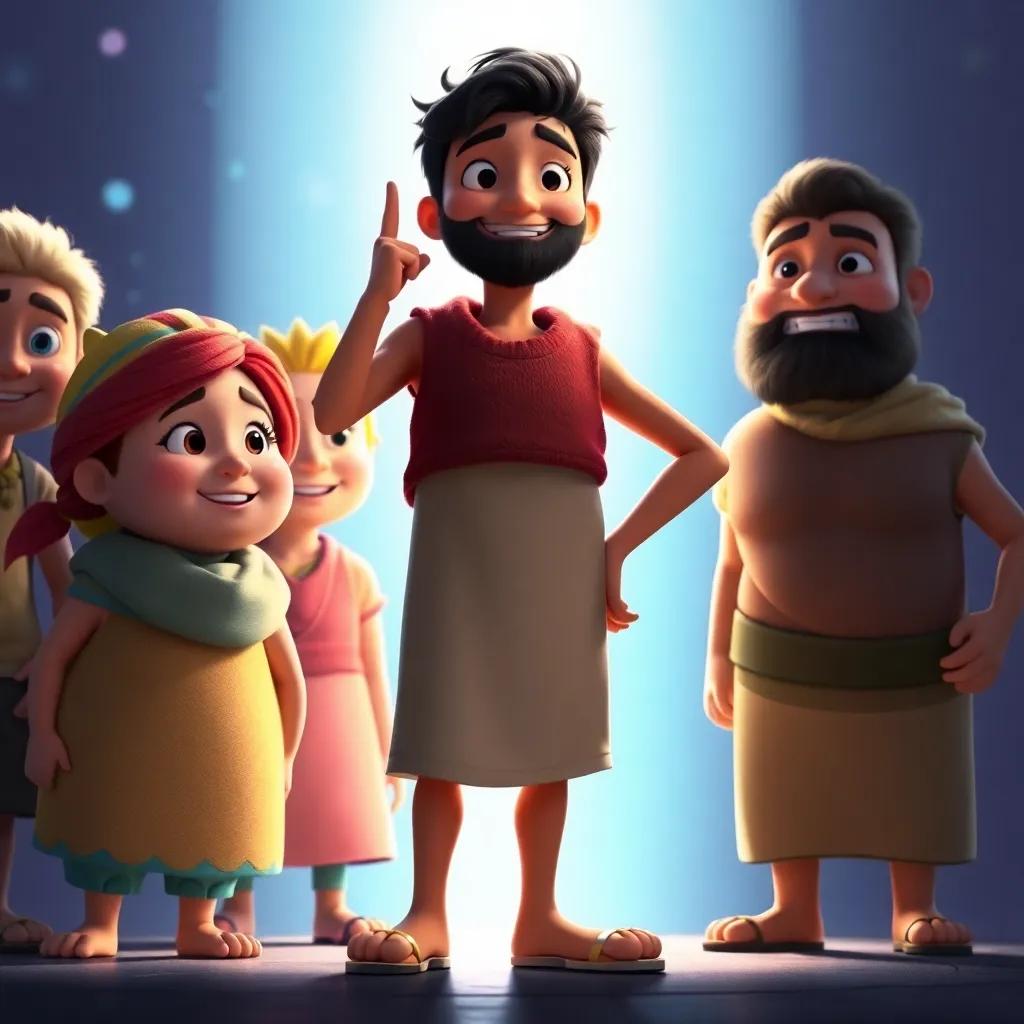 Sami standing confidently after realizing the truth, his friends by his side, bright light illuminating them, conveying the message of friendship and truth, uplifting, rich and colorful