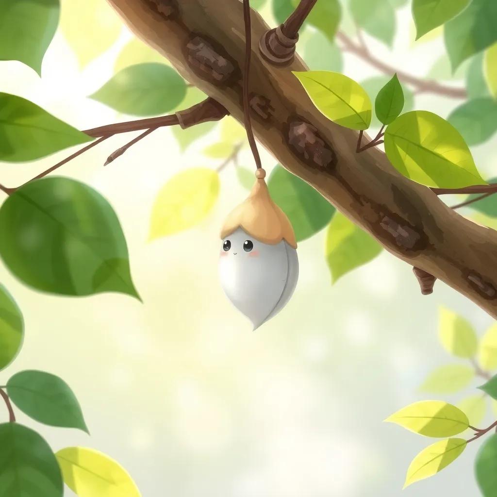 A small pupa hanging on a tree branch, surrounded by green leaves and soft sunlight filtering through, delicate and vibrant colors, peaceful environment, high quality