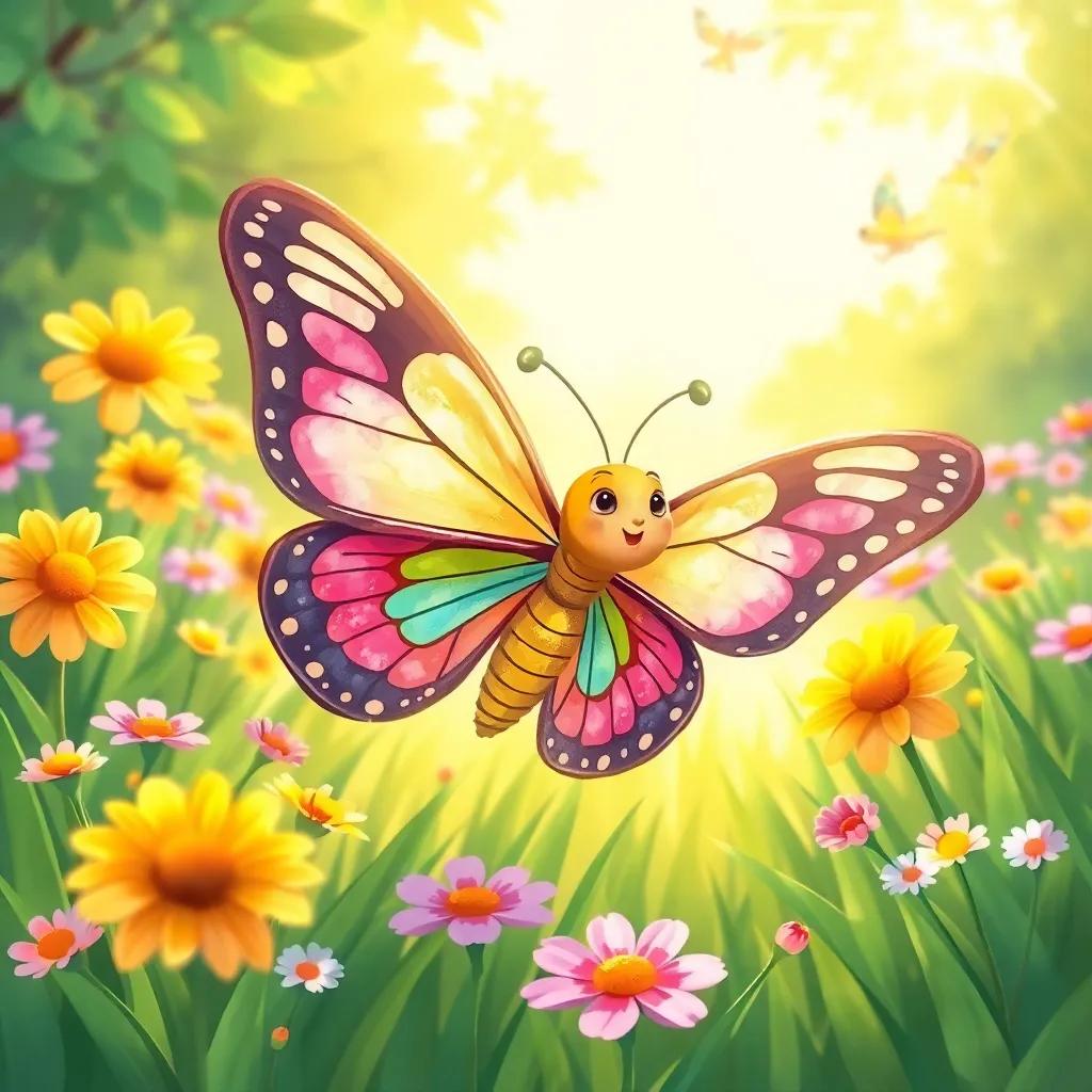 A newly emerged butterfly with weak wings, gently flapping them in a sunlit garden, bright flowers and green grass surrounding her, cheerful atmosphere, high quality