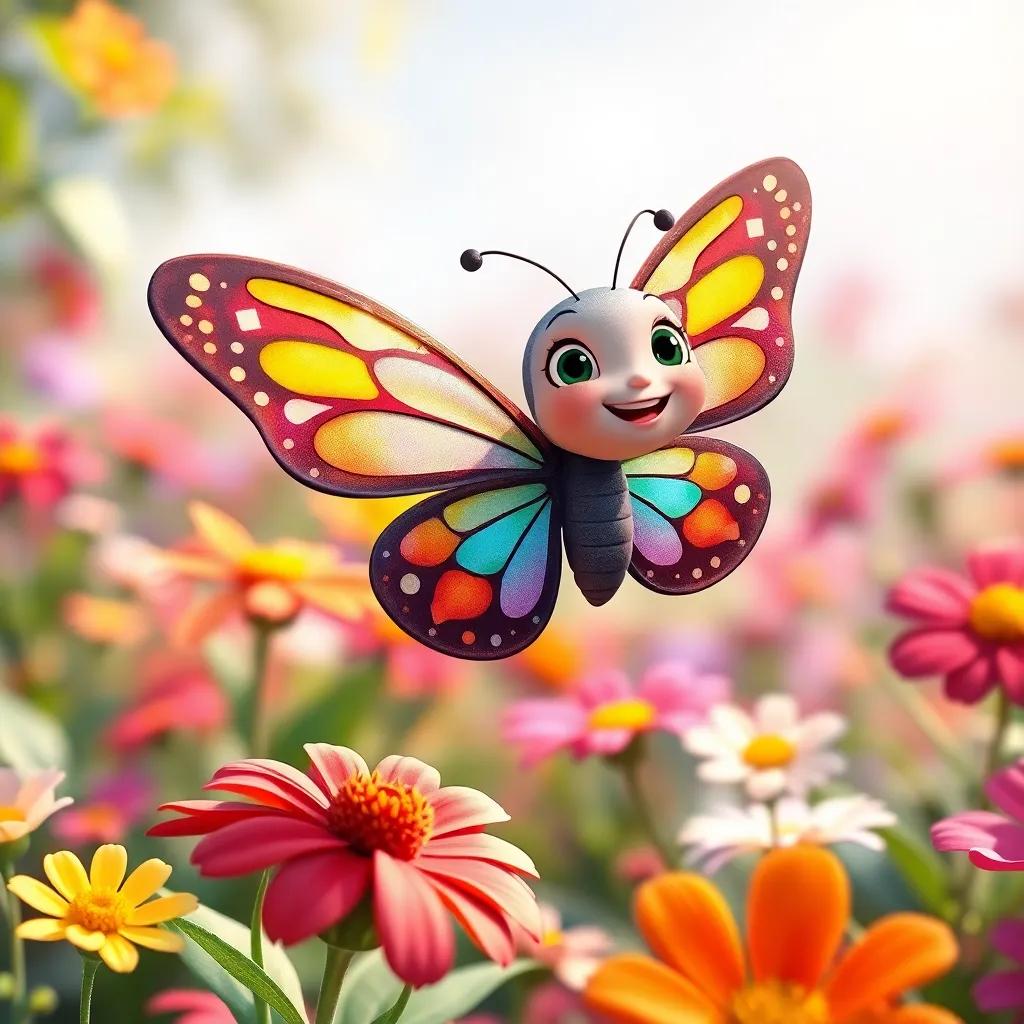 A small butterfly named Lina, with colorful wings, fluttering joyfully above vibrant flowers in a bright garden, digital art, cheerful atmosphere, vivid colors, high quality