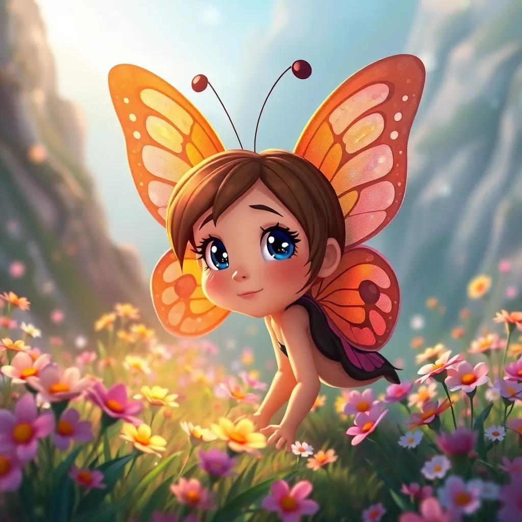 Lina, a small butterfly, exploring a distant valley filled with rare flowers, looking amazed with sparkling eyes, surrounded by swaying flowers, illustration, enchanting scenery, bright light, high quality