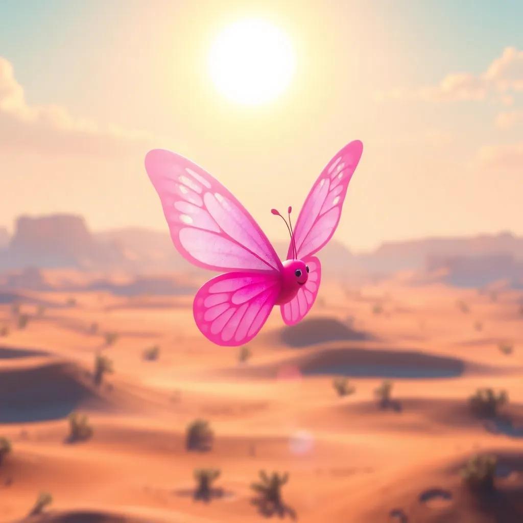 A pink butterfly with delicate wings, flying joyfully under a bright sun, with a vast desert landscape in the background, digital art, vibrant colors, cheerful atmosphere, high quality