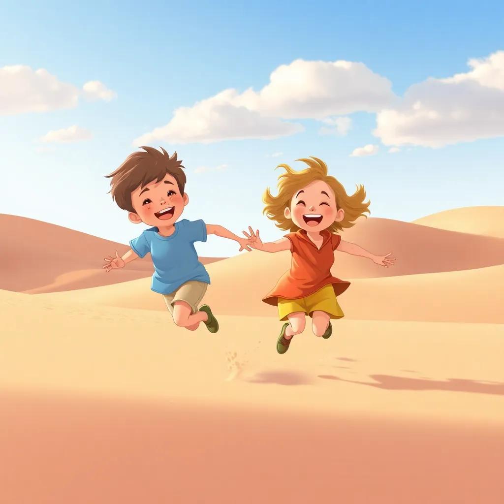Two children playing in the desert, laughing and running, surrounded by sand dunes and a clear blue sky, illustration, warm colors, joyful scene, high quality
