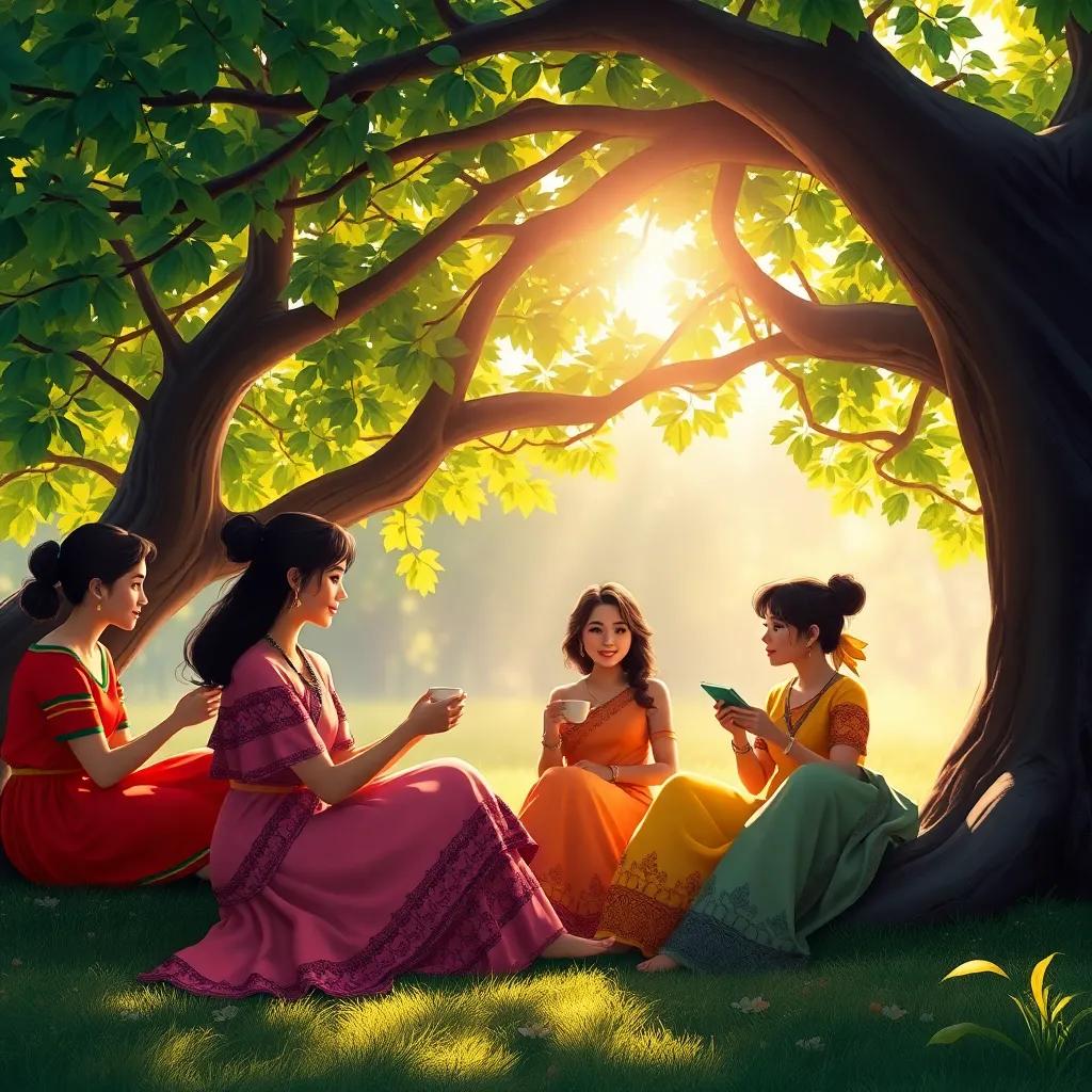 Women sitting under a shady tree, wearing colorful dresses, sipping tea and sharing stories, with sunlight filtering through the leaves, peaceful atmosphere, digital art, rich colors, relaxing scene
