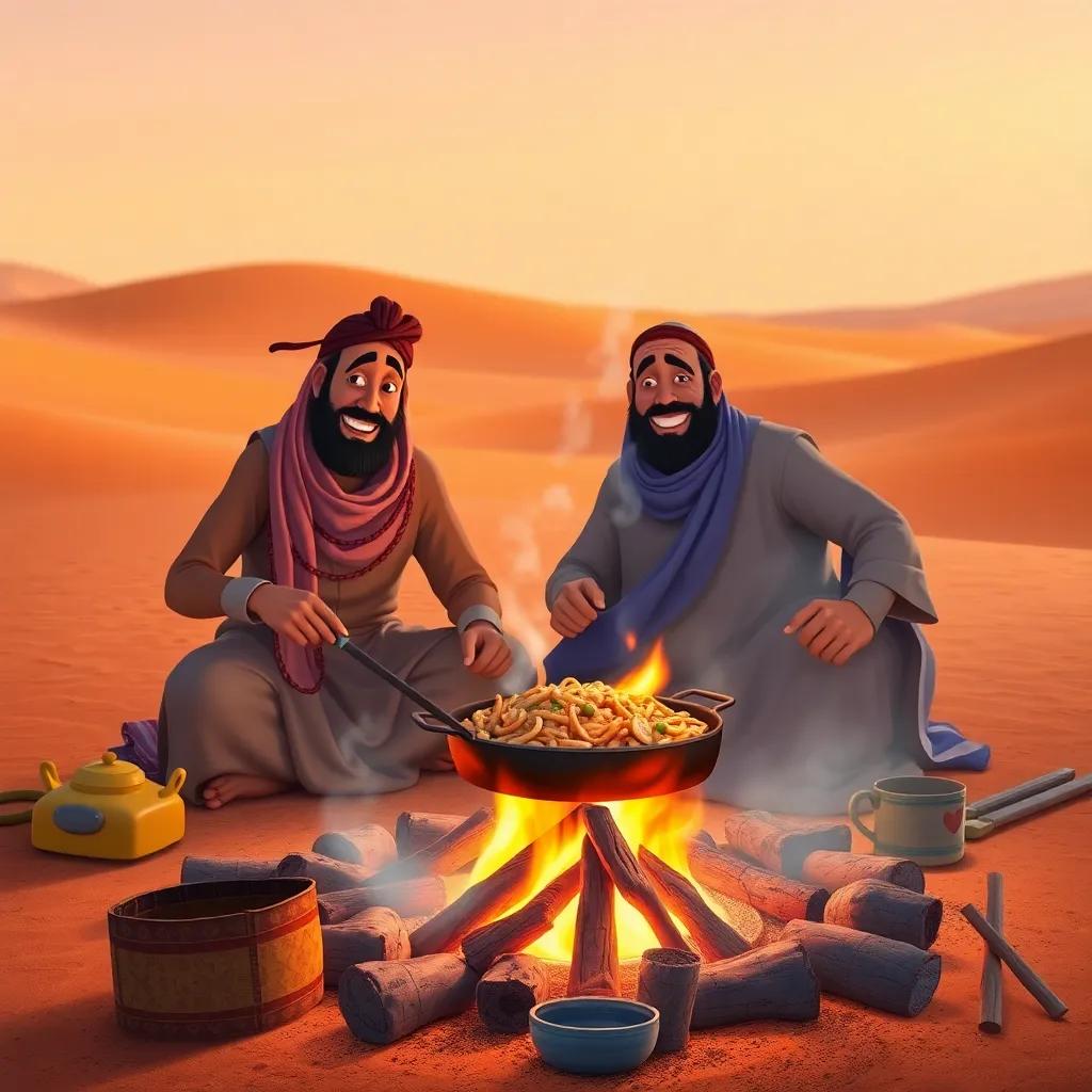 Men preparing food on an open fire in the desert, with delicious smells wafting through the air, joyful expressions, surrounded by traditional cooking tools, vibrant scene, high quality